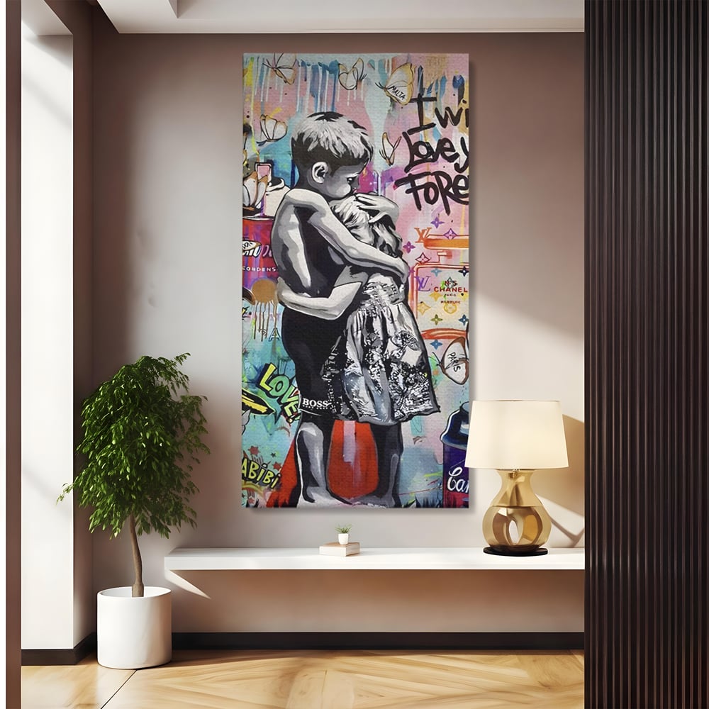 Tablou canvas cu tablou canvas cu doi copii imbratisati, fara rama, pe sasiu de lemn
